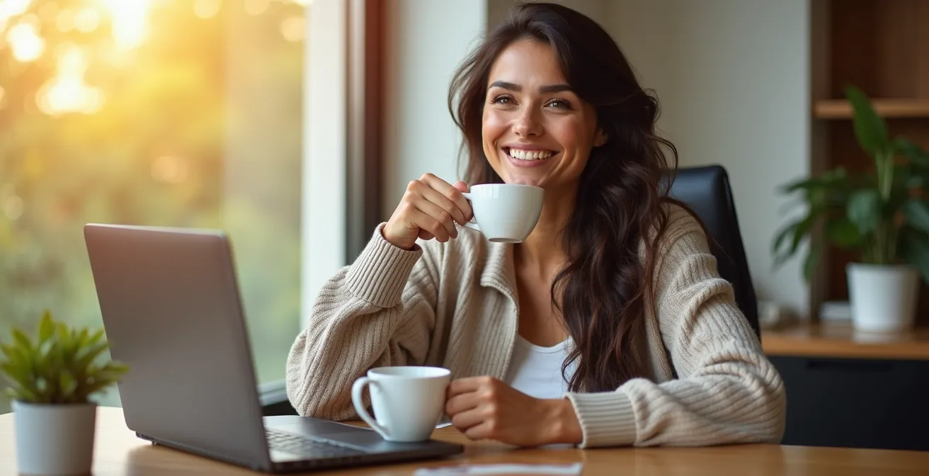 Peaceful morning workspace with organized elements suggesting automated efficiency