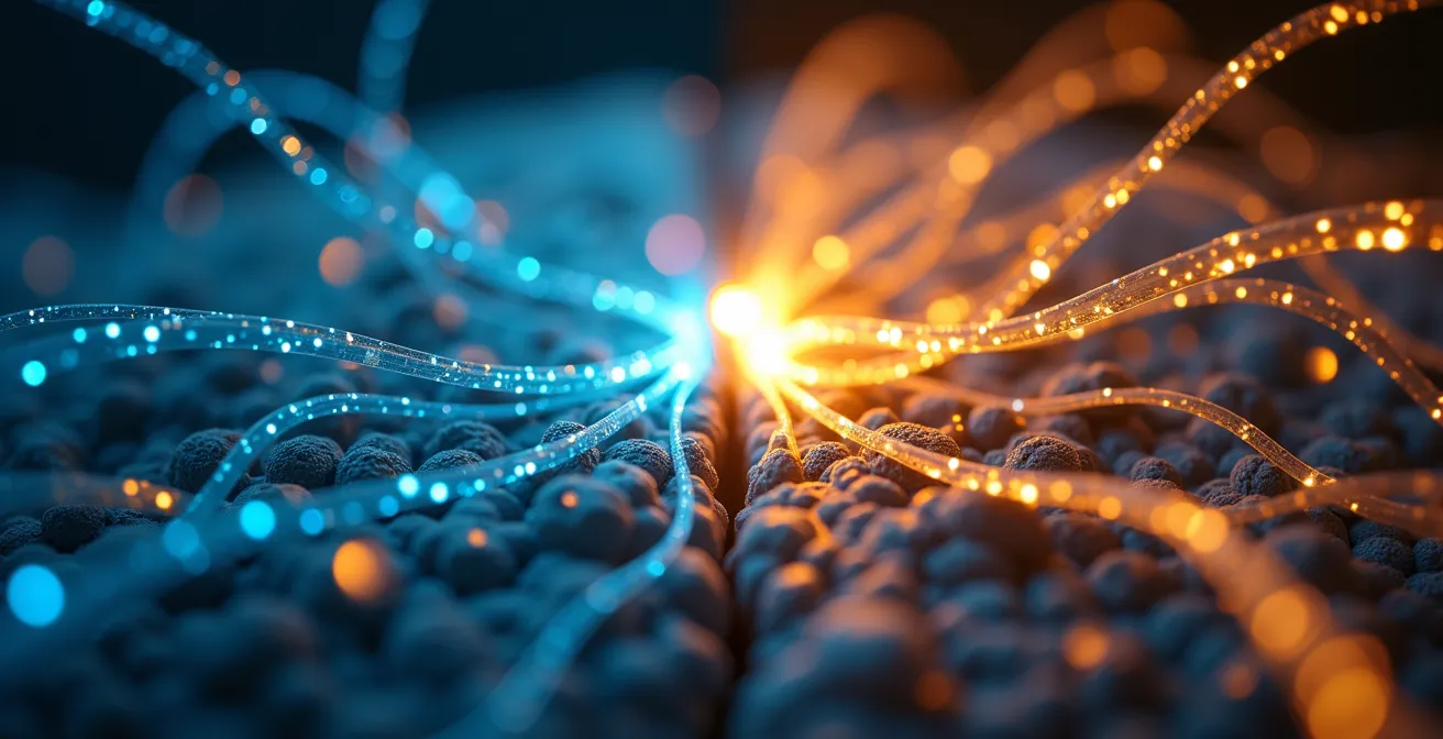 Abstract visualization of brain activity showing scattered attention patterns versus focused singular pathway