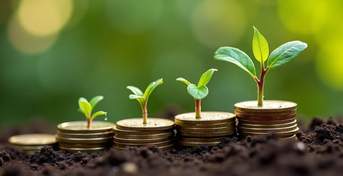 A thriving plant growing from a pile of coins, symbolizing financial growth from disciplined budgeting.