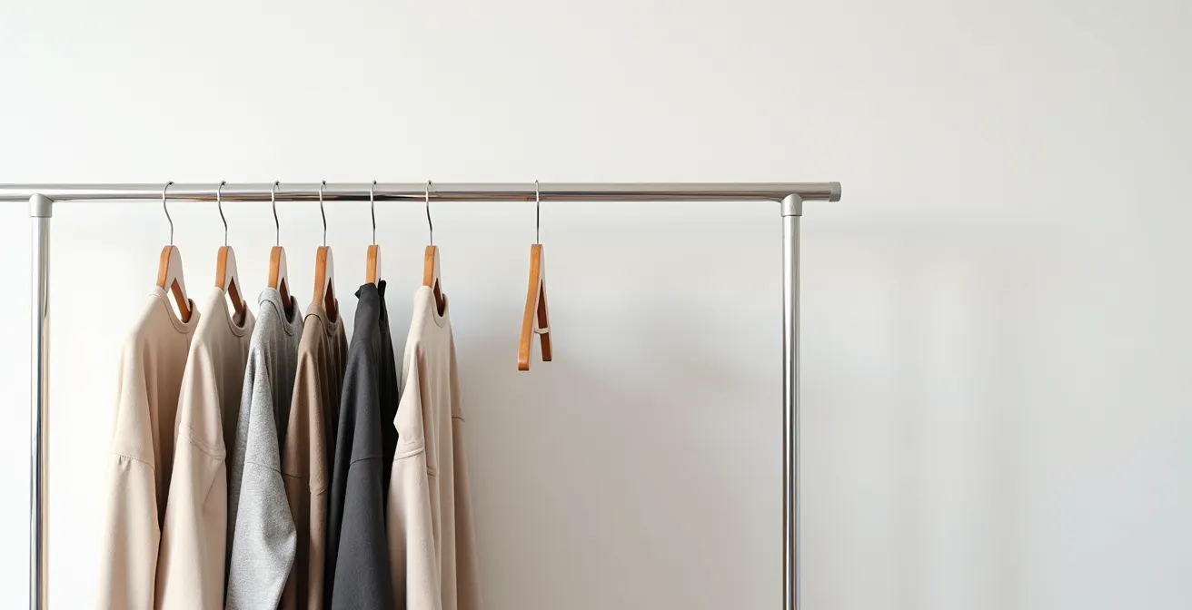 A minimalist clothing rack displaying a carefully curated selection of neutral-colored garments arranged by type