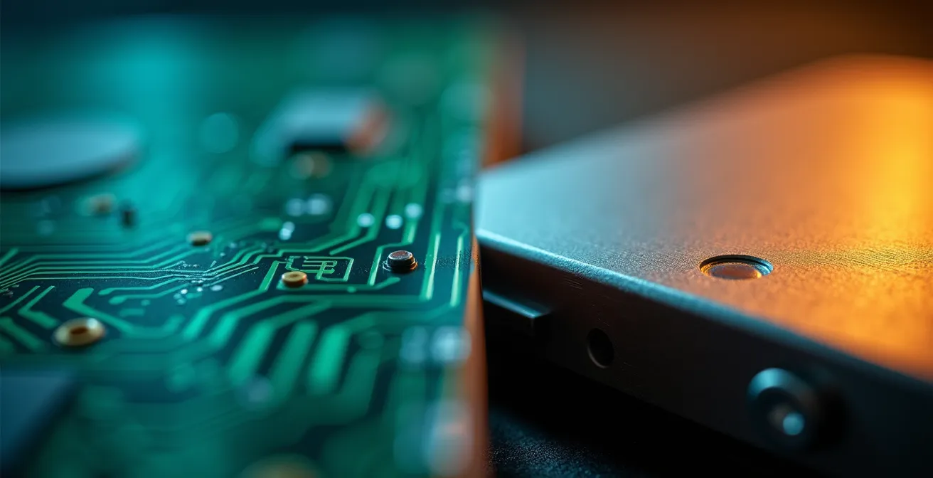 Extreme close-up comparison of cloud server components and external hard drive surface textures