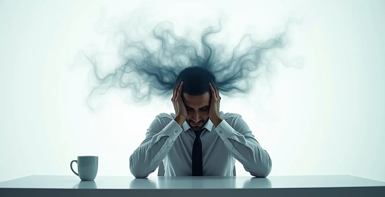 Professional at desk surrounded by abstract visual representations of mental burden