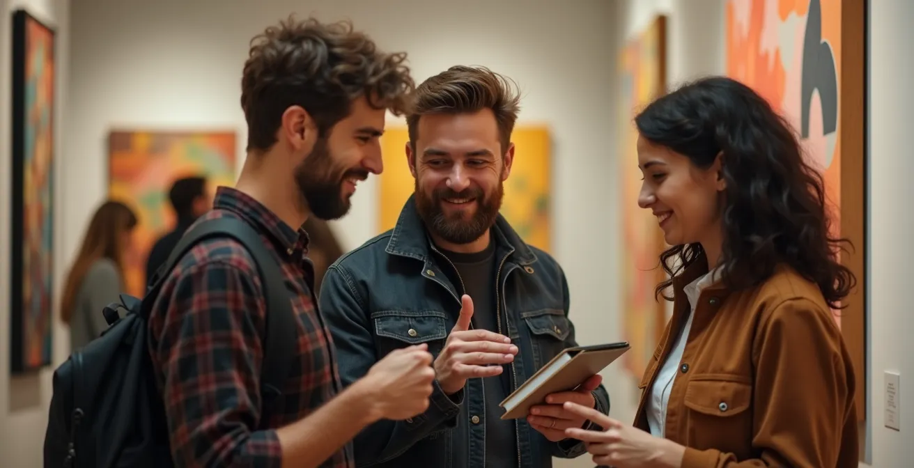 Professional conversation between art collector and gallerist in contemporary gallery space