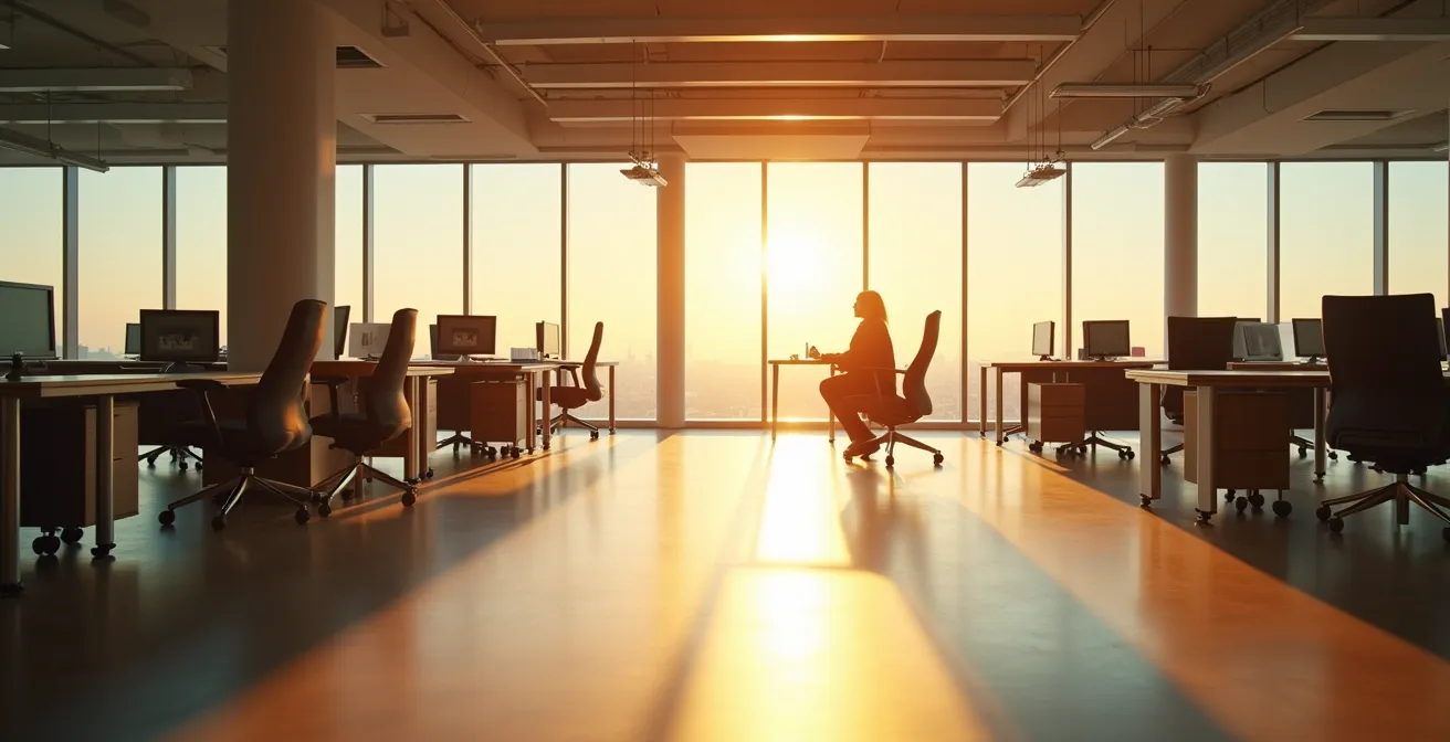 Wide shot of open office with empty desks creating visual metaphor for loss