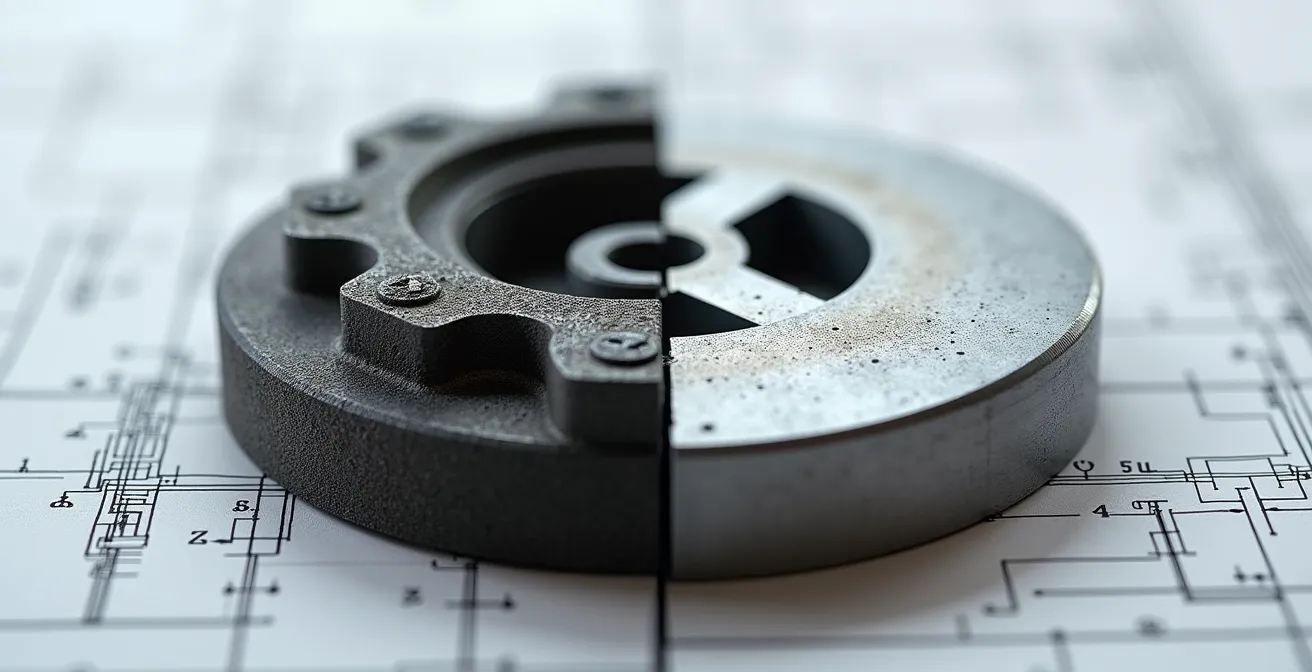 Comparison showing authentic vs counterfeit brake caliper casting quality differences