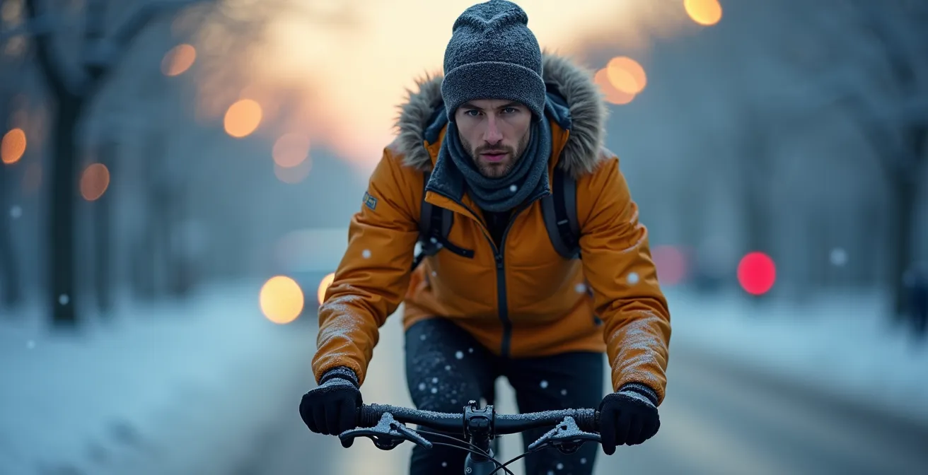 Winter e-bike commuter in cold morning with visible breath