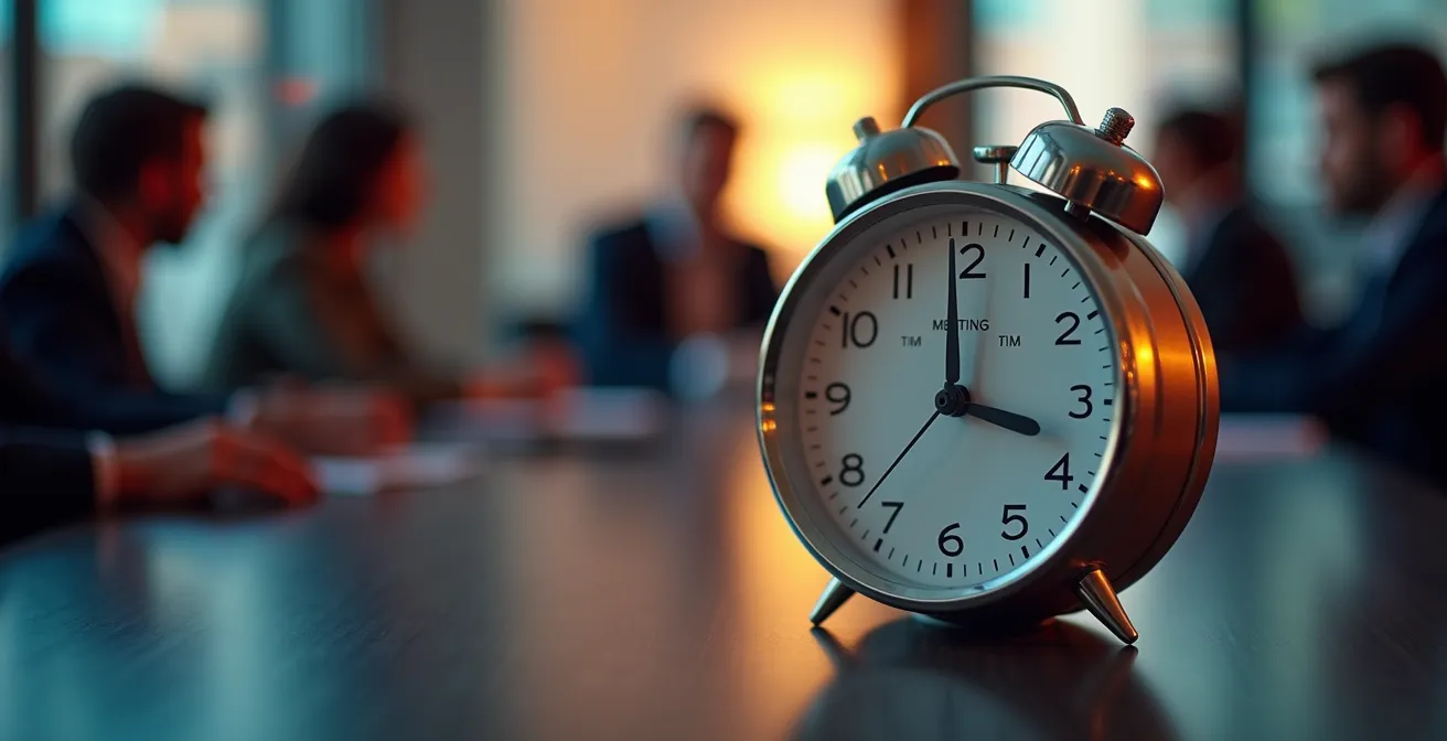 Close-up view of a meeting room timer showing 30 minutes with blurred figures in discussion