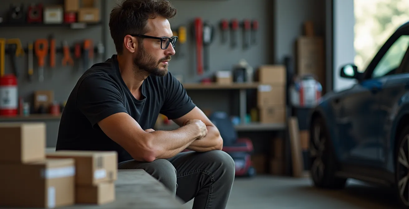 Thoughtful car owner contemplating modification choices in a garage setting