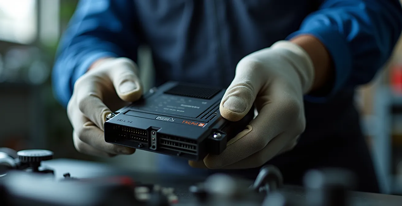 Hands wearing anti-static gloves carefully handling an ECU module in a clean workshop environment