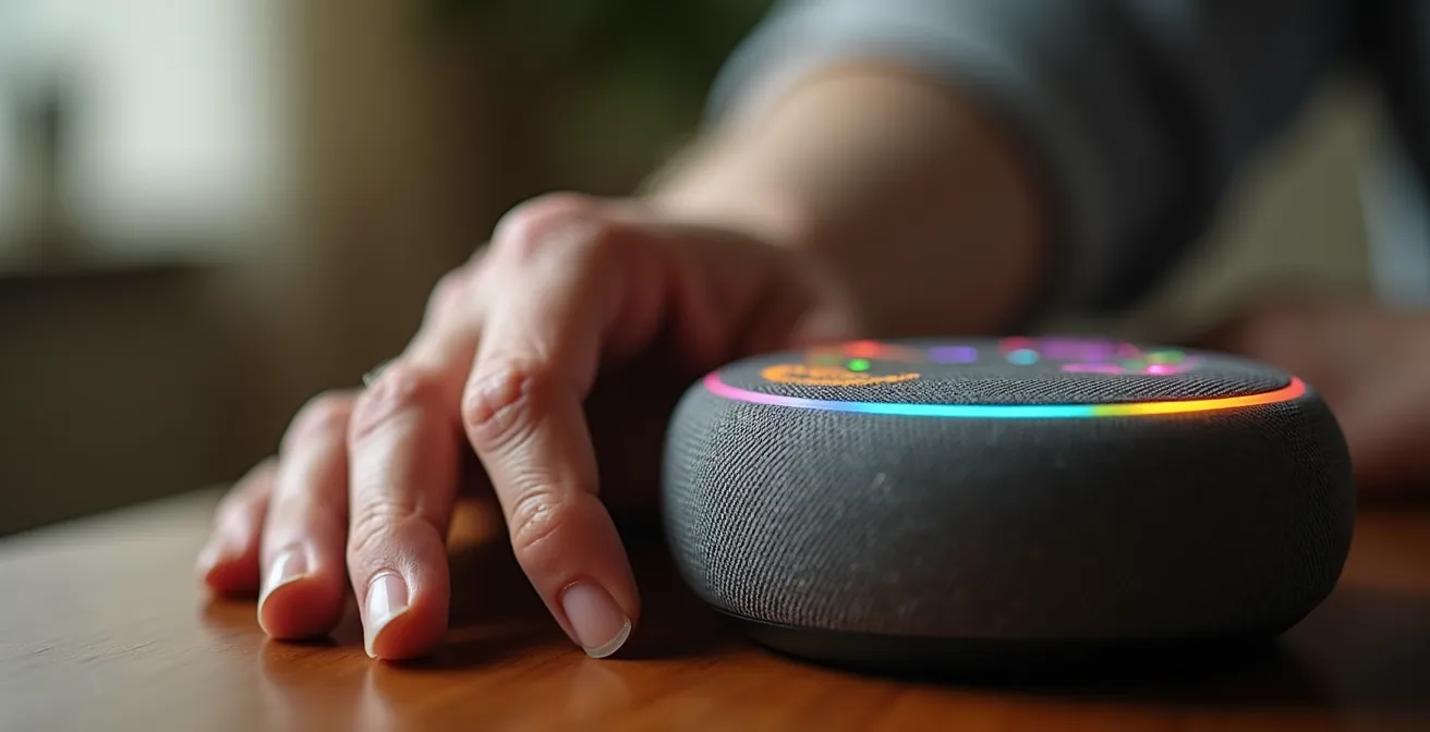 Extreme close-up of an elderly hand resting near a smart speaker, with the device's light ring glowing softly.