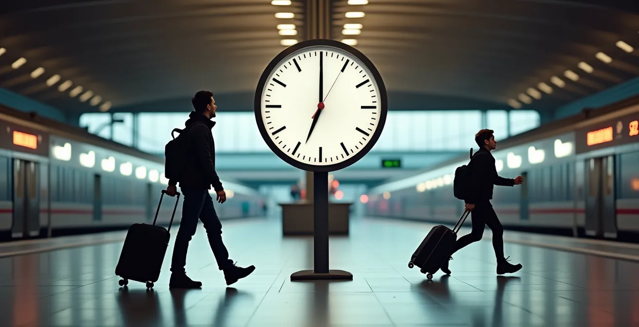 Busy European train station hub showing multiple platforms and connections