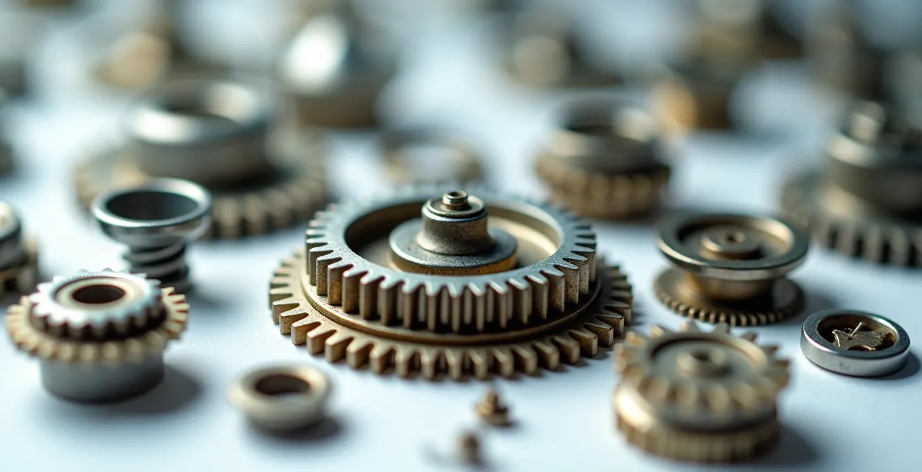 Macro shot of disassembled appliance components arranged systematically