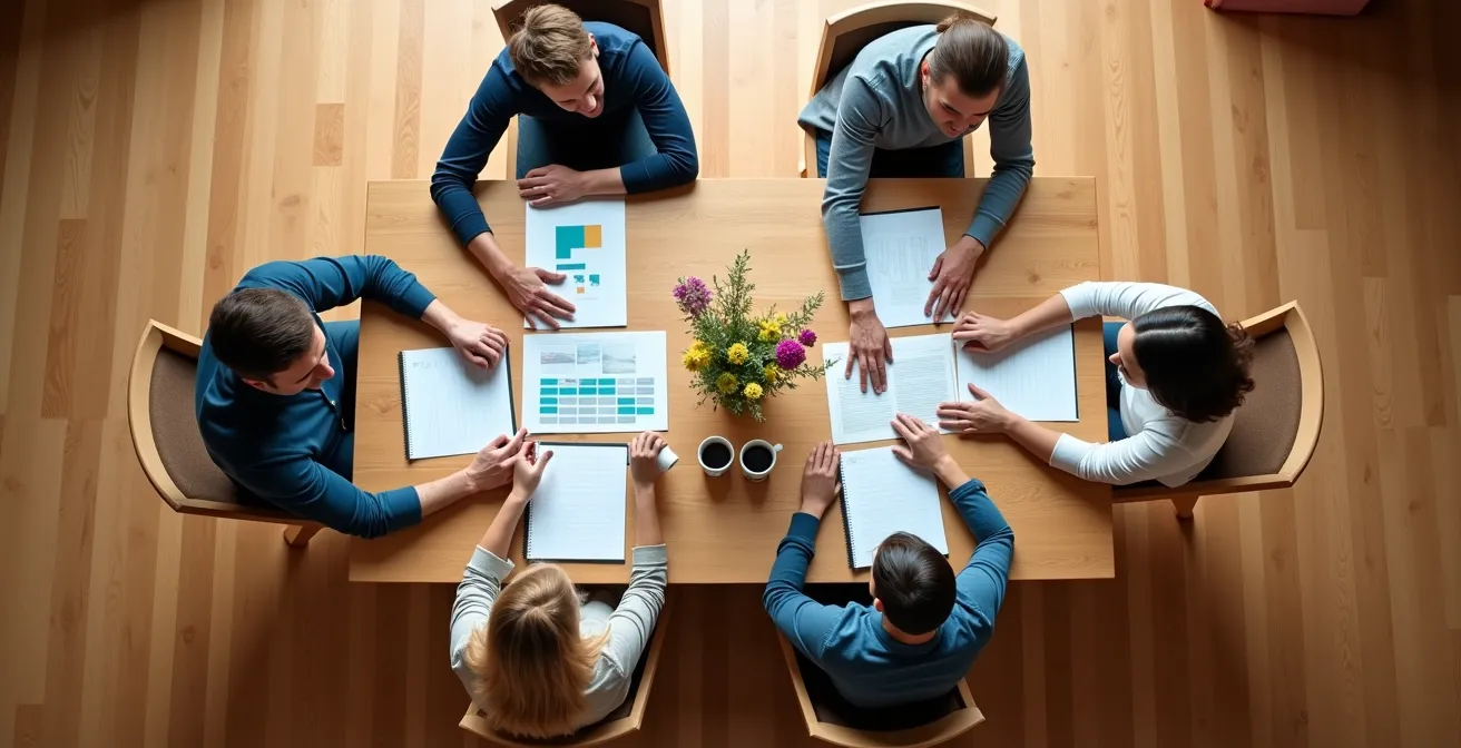 Overhead view of family members around a dining table with planning materials