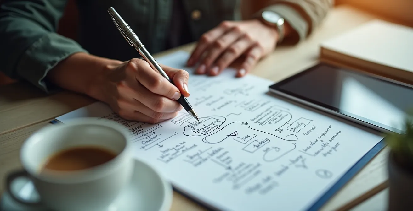 A close-up view of handwritten notes and digital devices showing the Feynman learning process