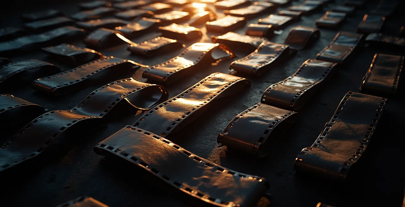 Abstract visualization of film distribution complexity with tangled film reels