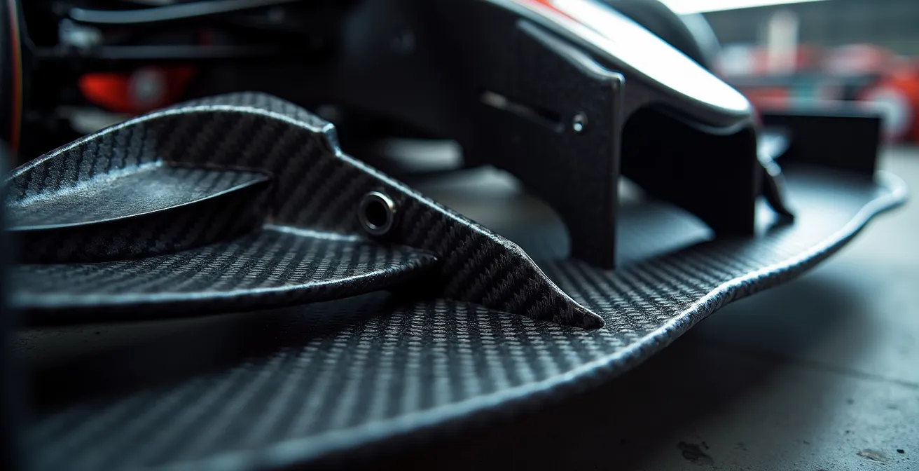 Close-up technical view of a properly mounted front splitter with support rods and chassis attachment points