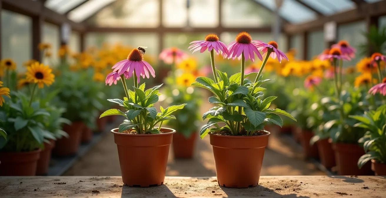 Split view comparing healthy native plants with natural forms versus modified cultivars in garden center setting