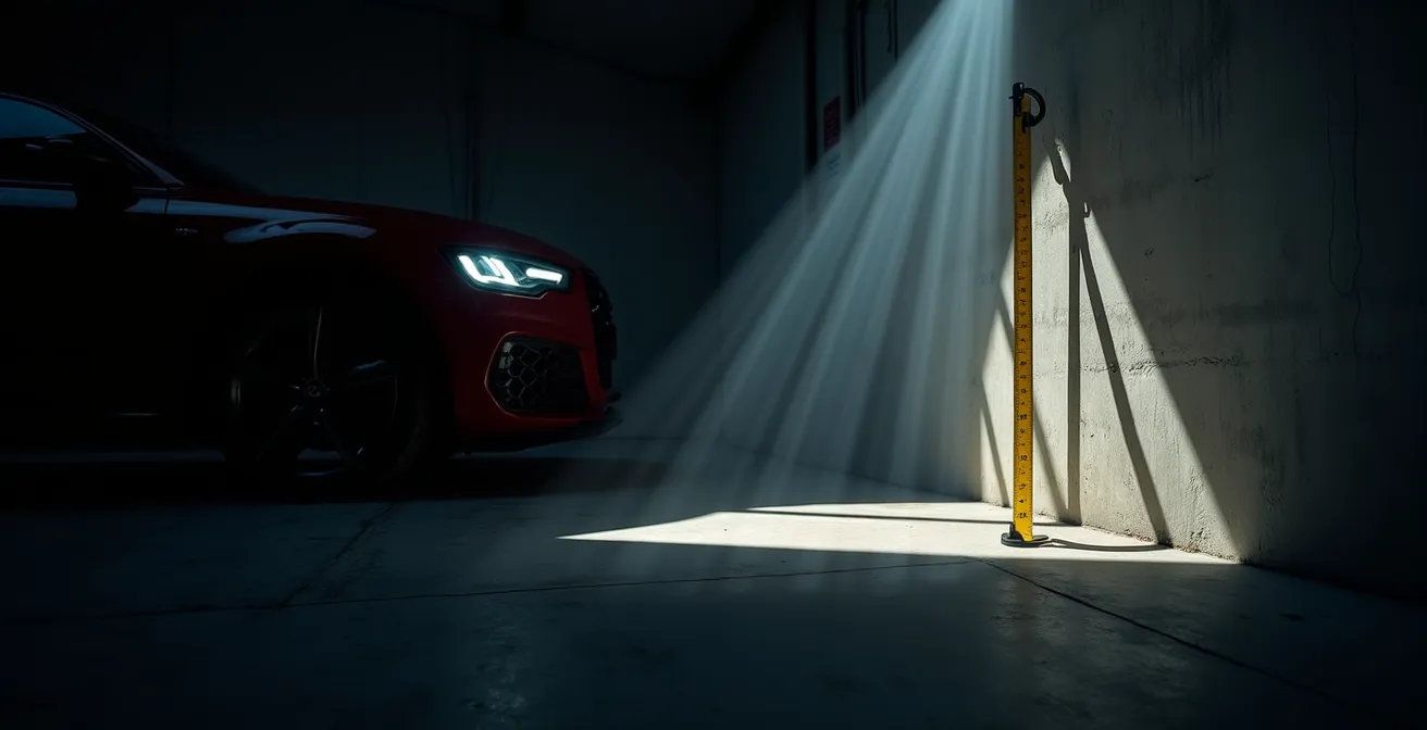 Vehicle headlight beam pattern projected on garage wall for height measurement