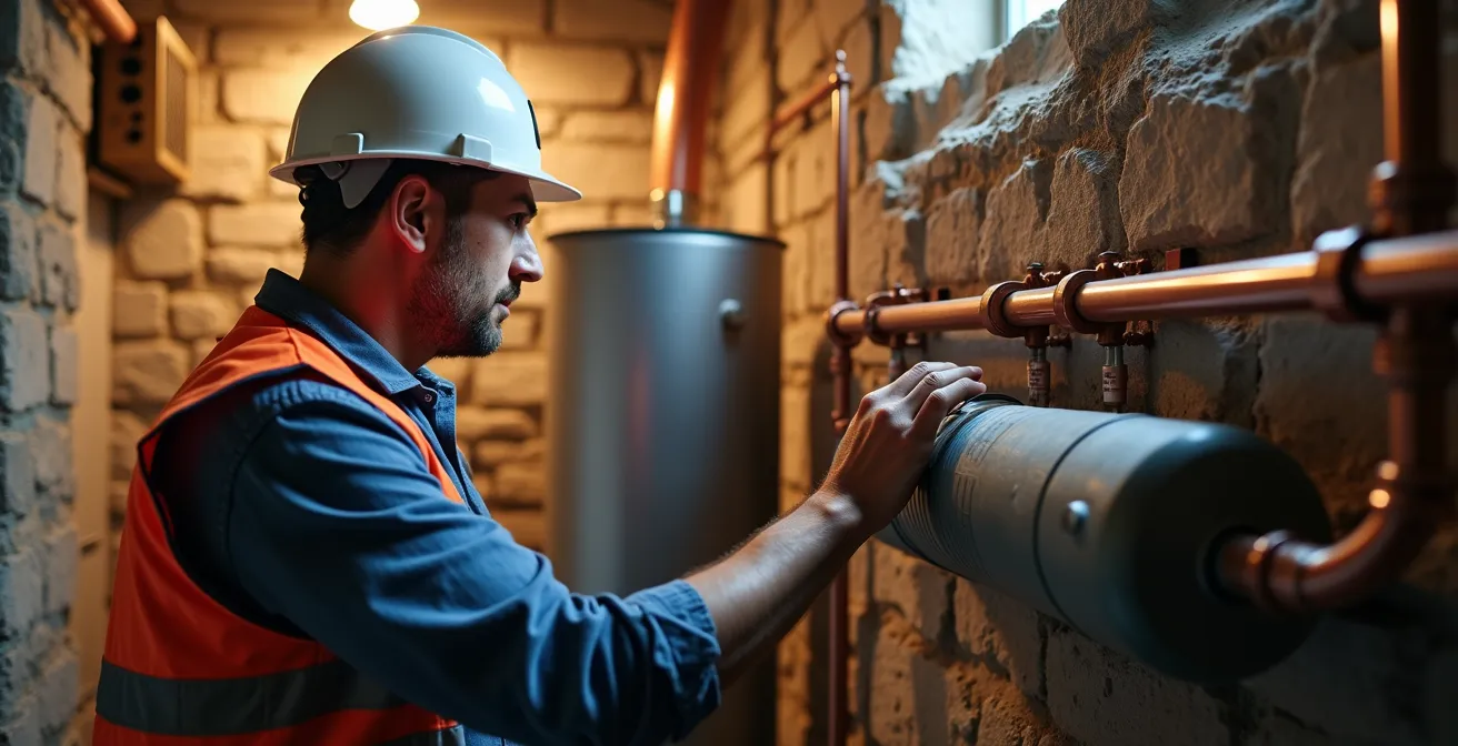 Professional installation of buffer tank connected to heat pump system in old house basement