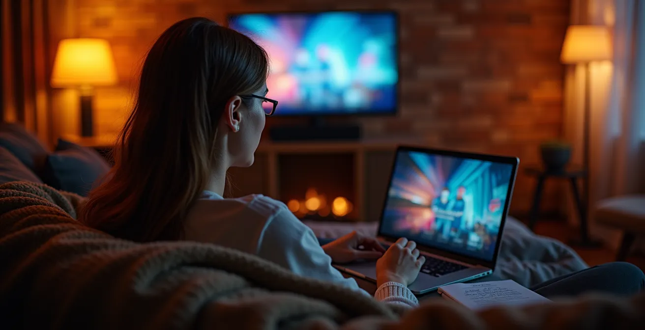 Cozy home cinema setup with multiple devices streaming film festival content