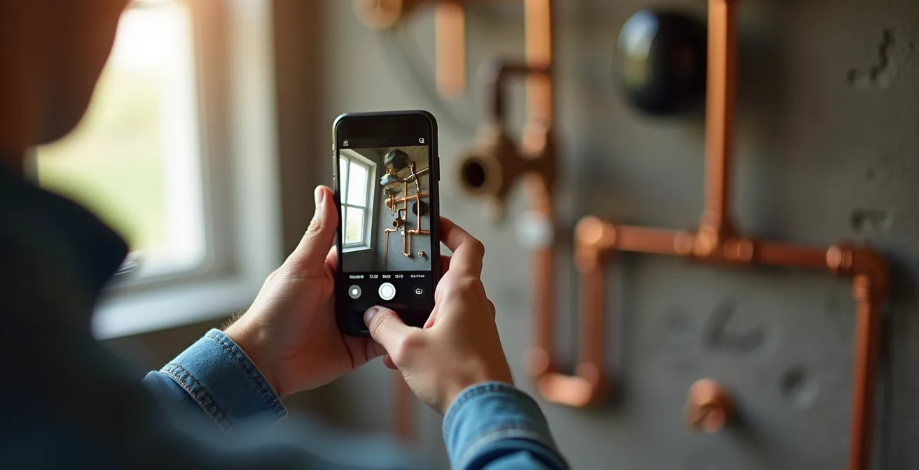 Homeowner photographing installed smart water valve for insurance documentation
