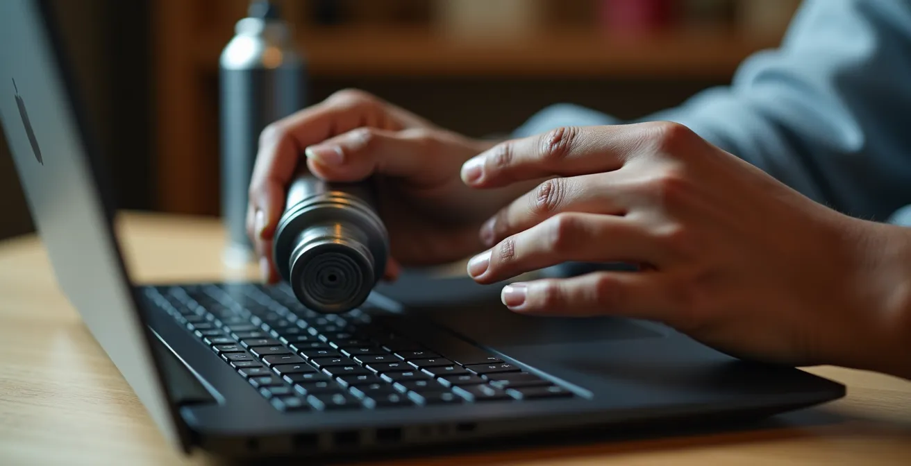 Close-up of hands carefully maintaining laptop components with precision tools
