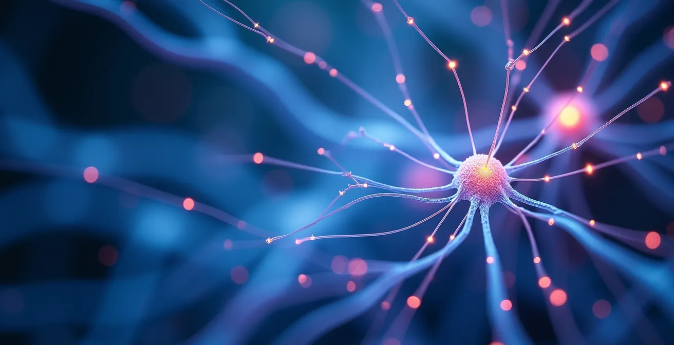 Extreme close-up of illuminated neural connections representing brain activity during dance