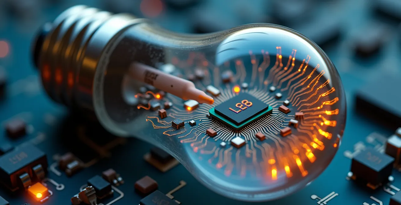 Extreme close-up of LED smart bulb internal components showing energy-efficient microchips
