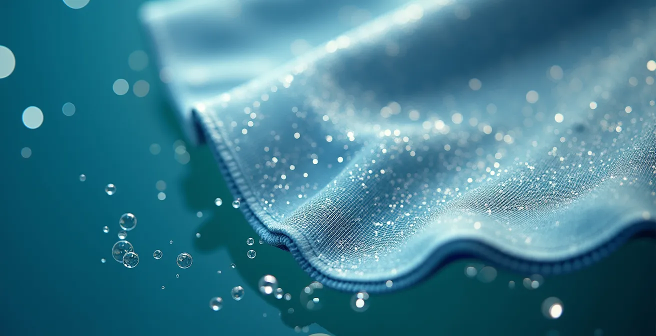 Macro photography showing microplastic fibers from recycled polyester dispersing in water