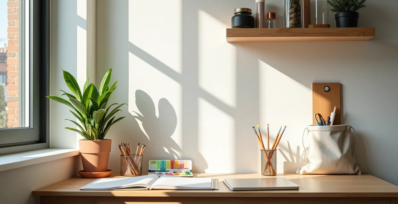 Cozy corner of small apartment with compact art supplies arranged on floating shelf near window
