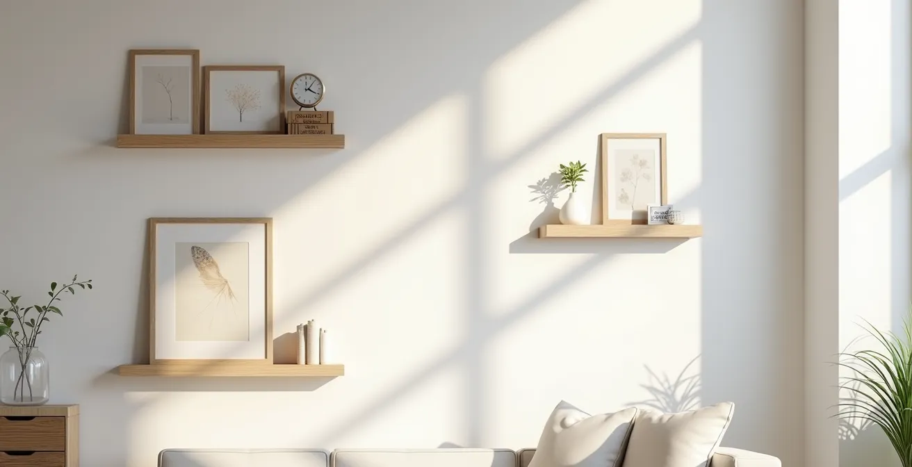 Contemporary room showing various unframed art display methods