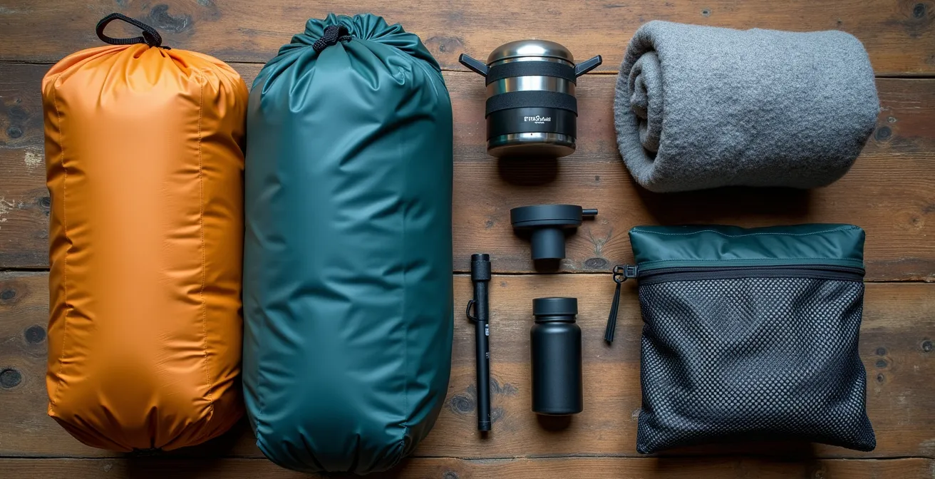 Organized backpack contents laid out in modular arrangement for overnight adventure