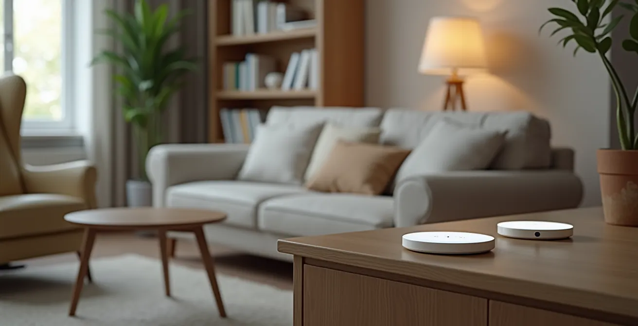 Living room showing strategic placement of voice assistants in activity zones