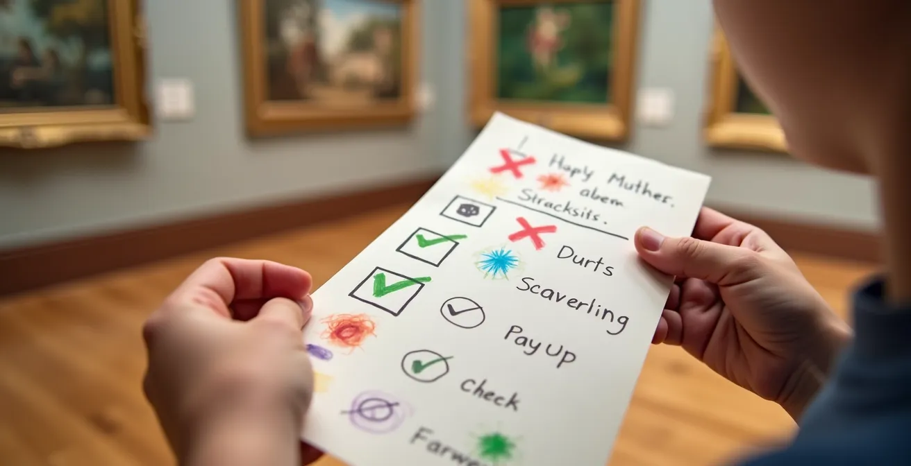 Child's hands holding a colorful scavenger hunt checklist in a museum gallery
