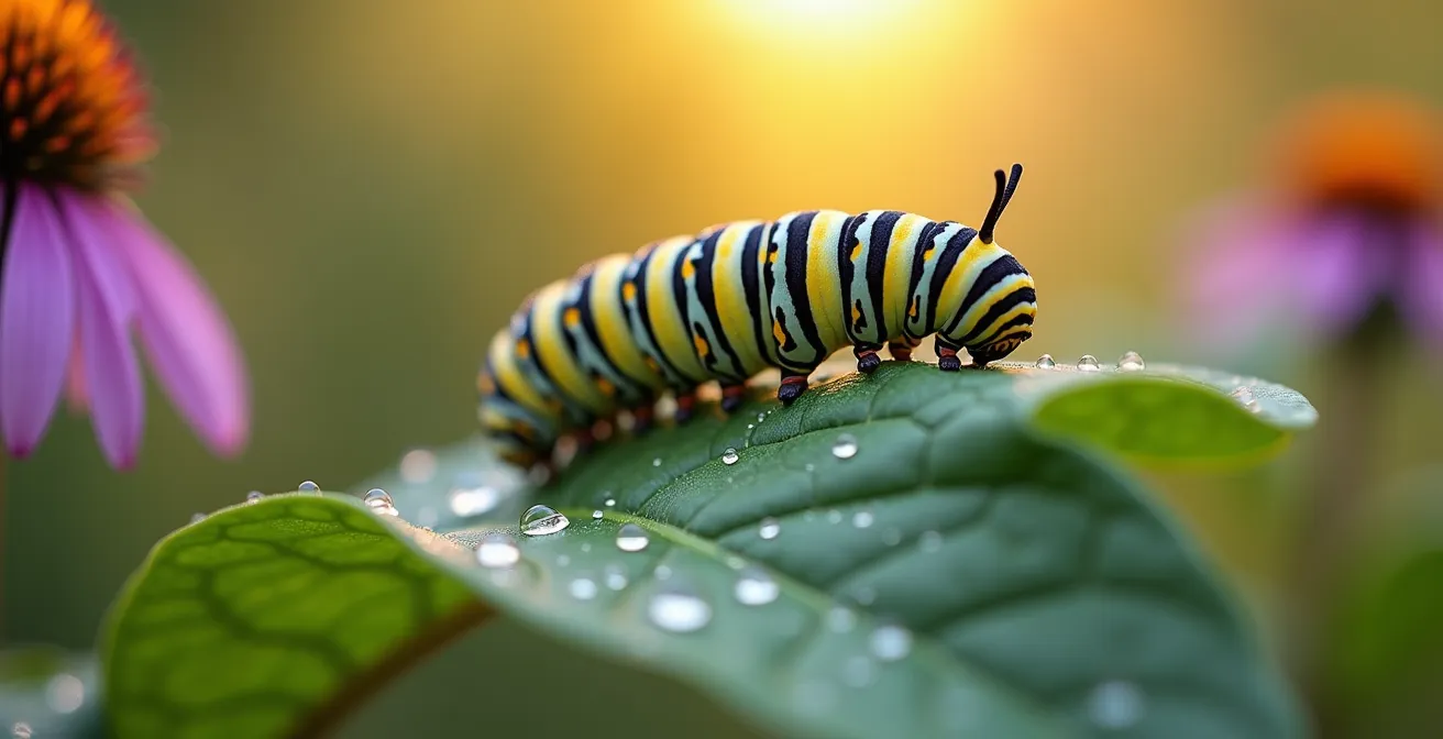 Close-up of monarch caterpillar feeding on native milkweed with drought-resistant native plants in soft focus background