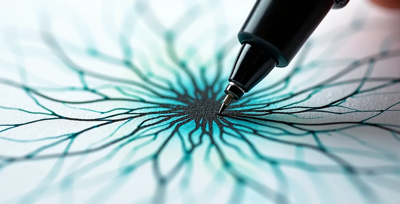 Intricate neurographic art pattern with rounded intersections and flowing lines in calming colors