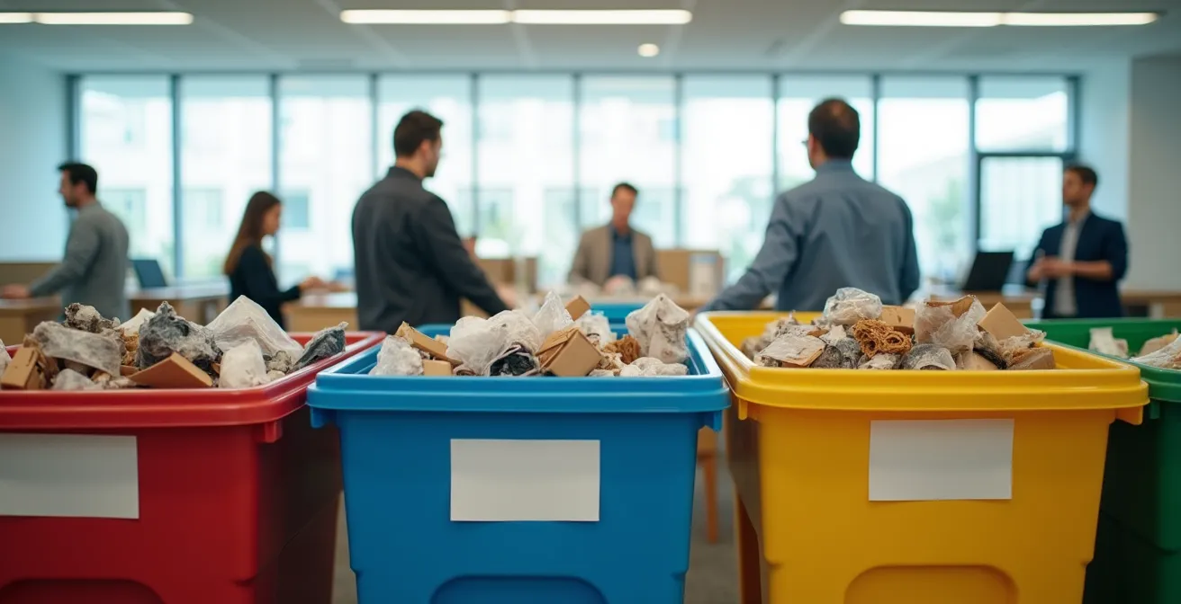 Team conducting waste audit with sorted recycling materials in office setting