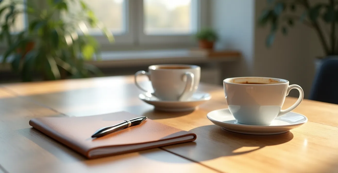 Clean professional workspace with organized meeting preparation materials
