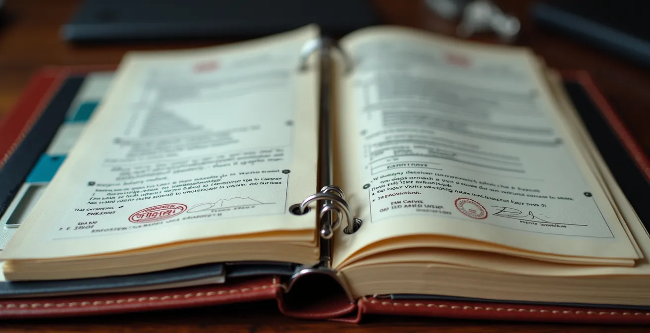 Professional car modification documentation organized in a binder with receipts and certifications