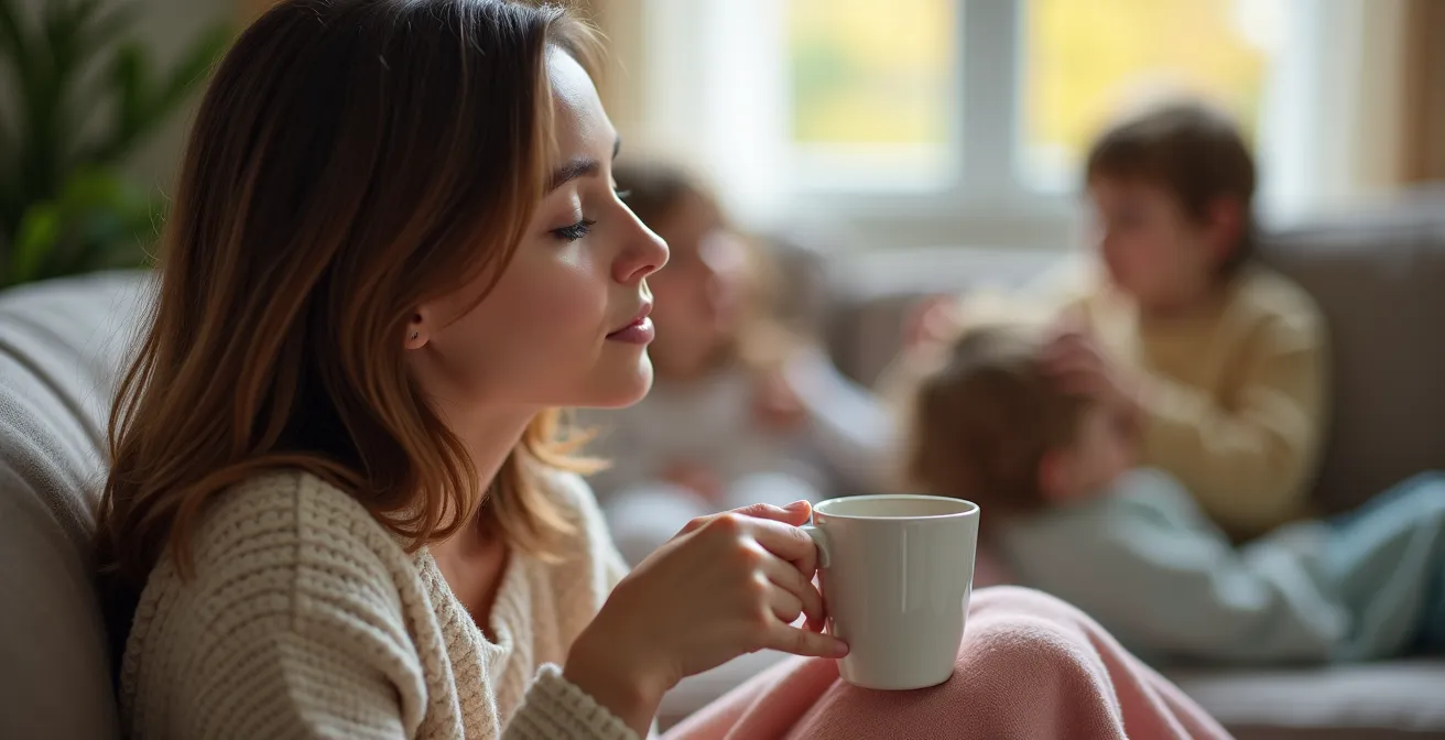 Parent taking quiet moment for self while family activities continue nearby