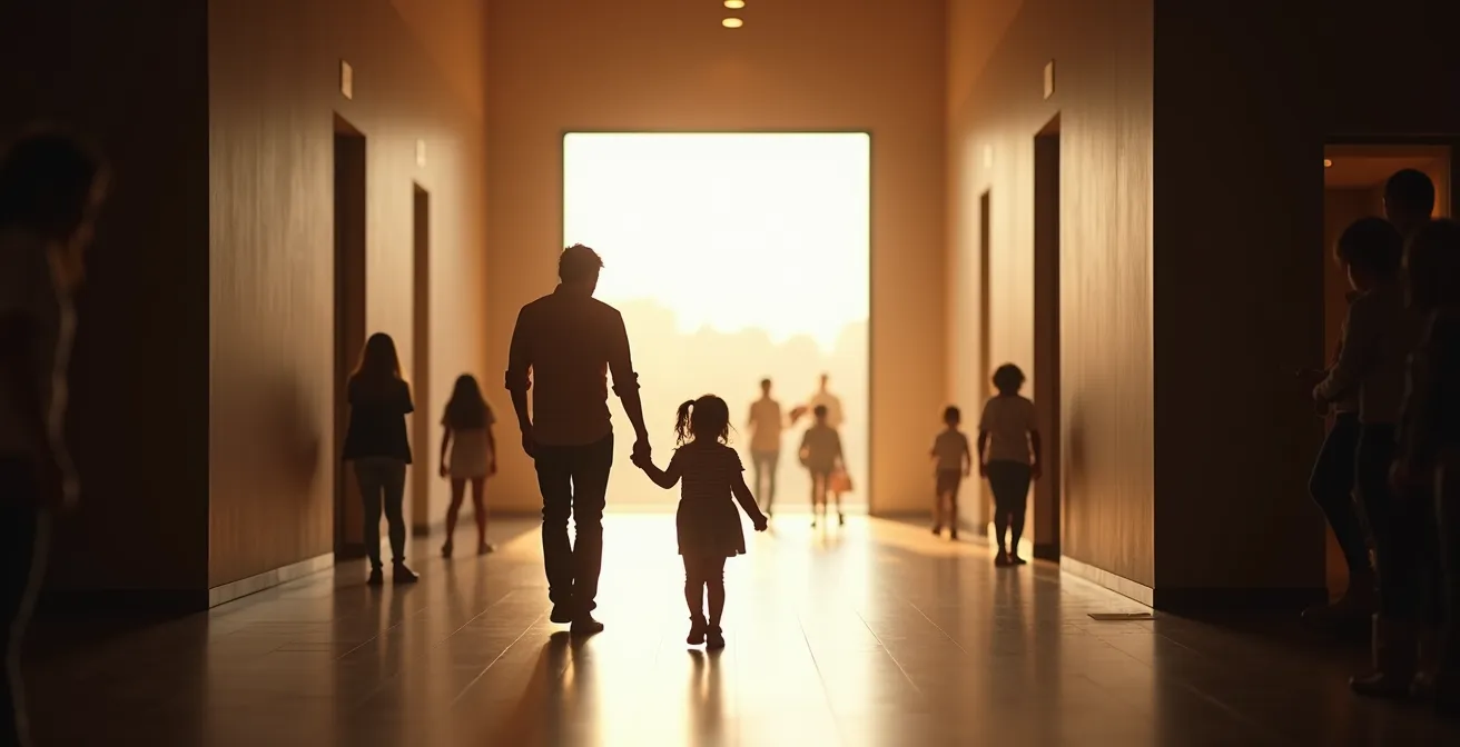 Family walking calmly towards a bright museum exit with the child holding the parent's hand