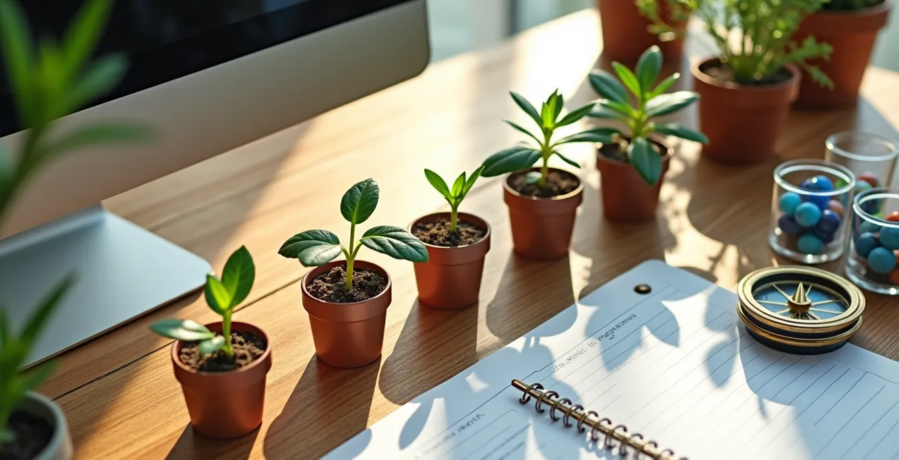 Professional workspace showing performance tracking tools and achievement metrics