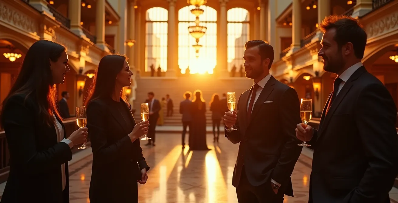 Wide angle view of theater lobby with patrons enjoying pre-show drinks and conversation