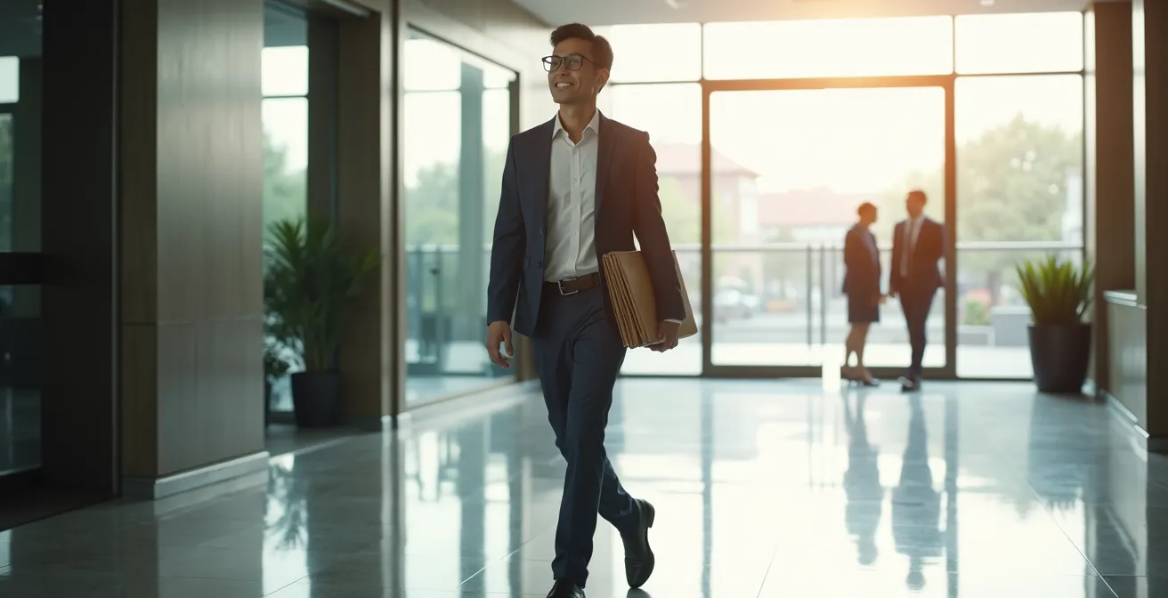 Professional confidently walking toward bright future opportunity with organized documents