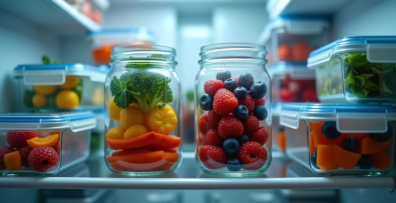 Open refrigerator showing organized meal prep containers in designated zones