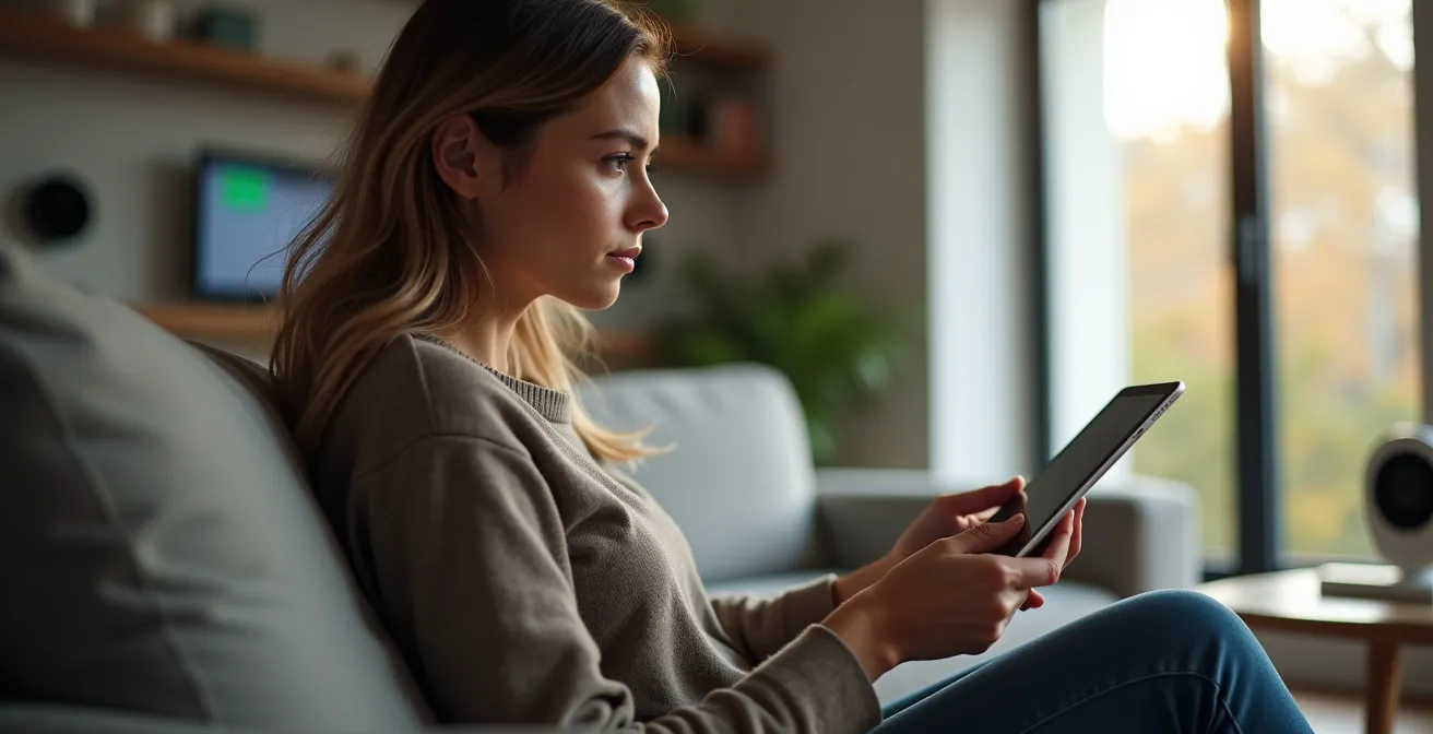 Person reviewing home automation alerts on tablet in modern living room