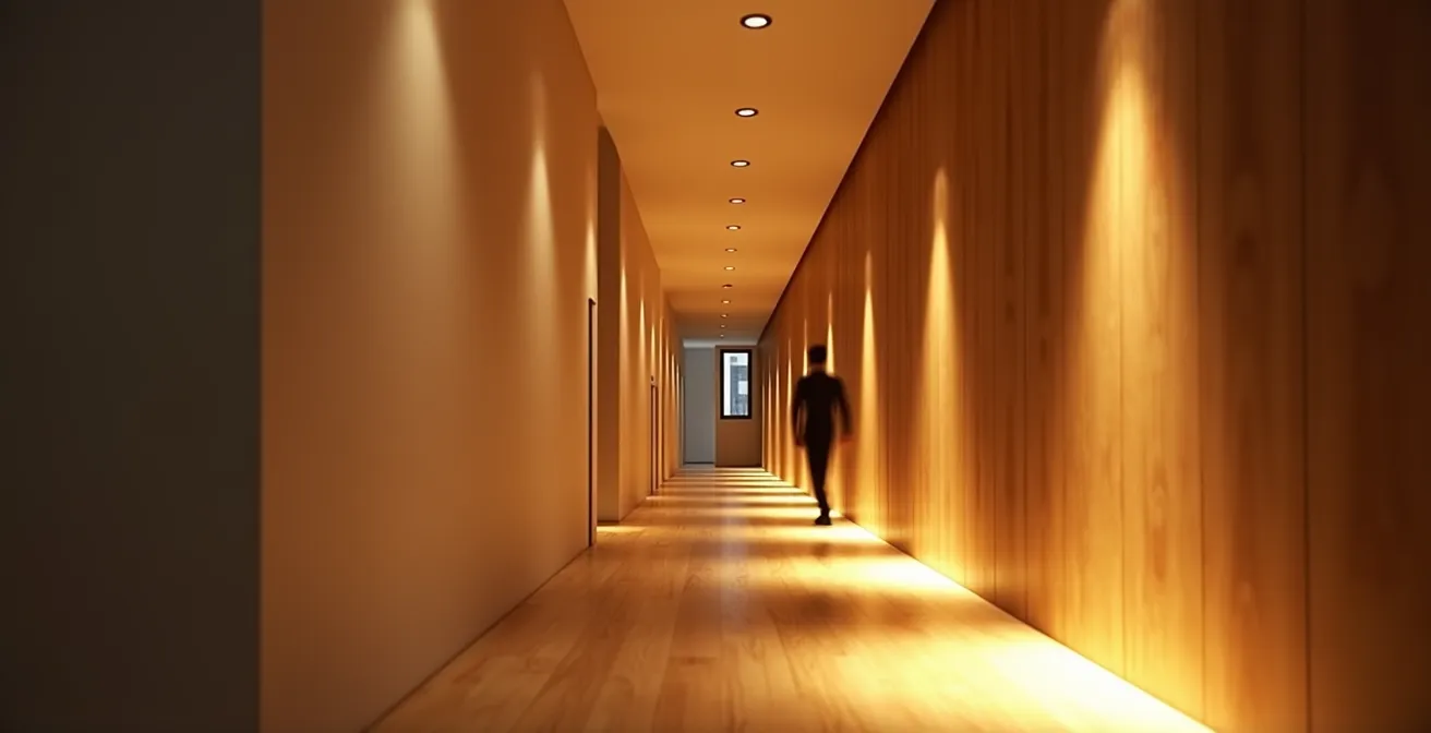 Modern hallway with motion-activated LED lighting creating follow-me zones