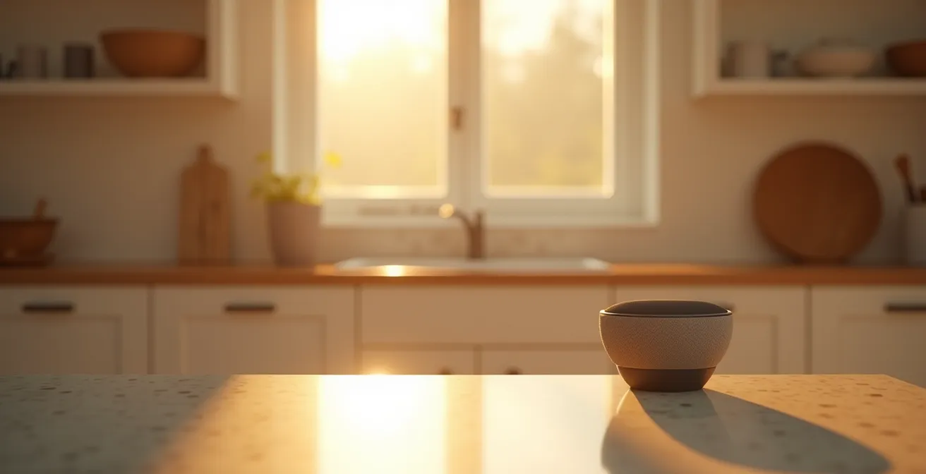 Smart speaker on kitchen counter with soft morning lighting