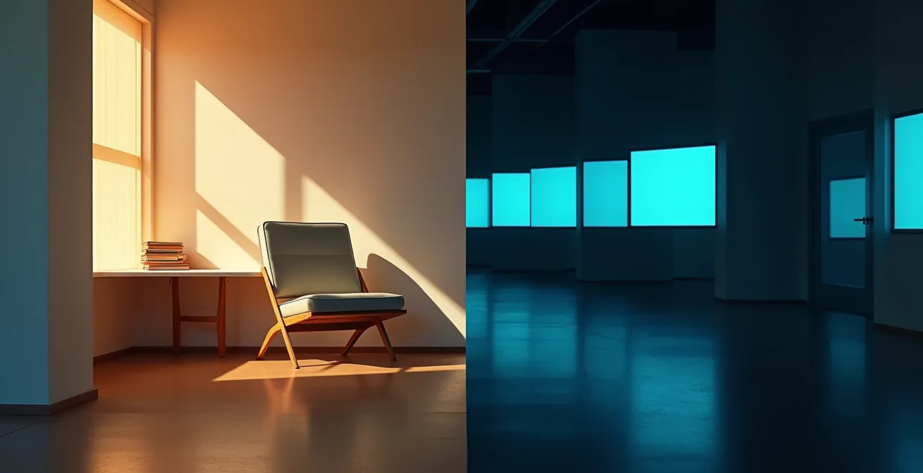 Split composition showing peaceful reading corner with natural light versus dark room with multiple streaming screens