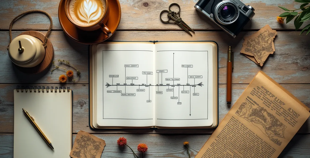 Overhead flat lay of staycation planning materials on a wooden table, including a notebook, vintage maps, and a cup of coffee.